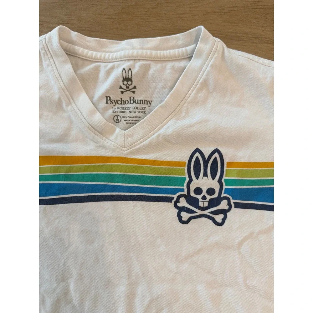 Psycho Bunny Boys White Pima Cotton V-Neck Stripe Graphic T-Shirt Size S 7/8